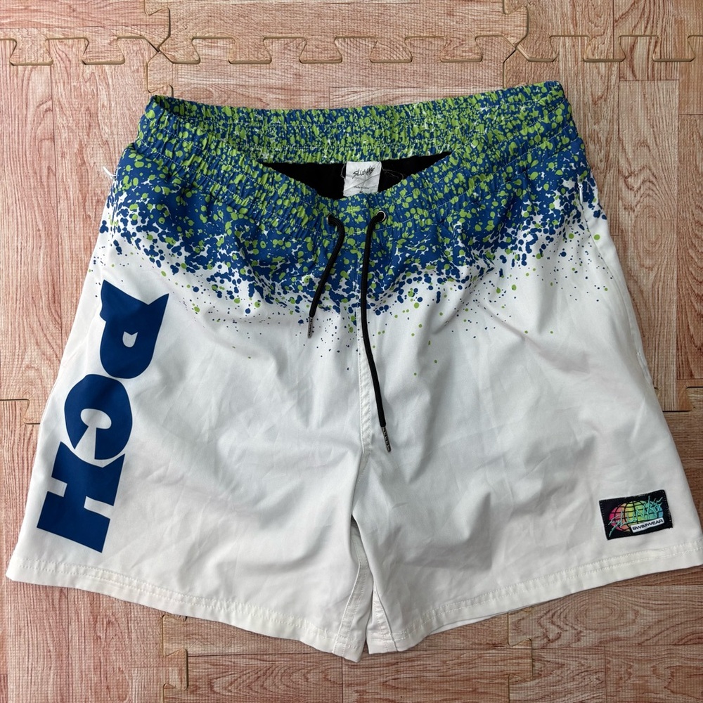 Slunks PCH Volleyball Shorts Medium Lined White Splatter Waist Pacific Coast Hwy